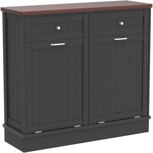 Miniatura 4 de Betterhood Gabinete de Basura Inclinable de 10 Galones de Madera Independiente Clasificador de Lavandería, Gabinete de Reciclaje con Cajón Oculto