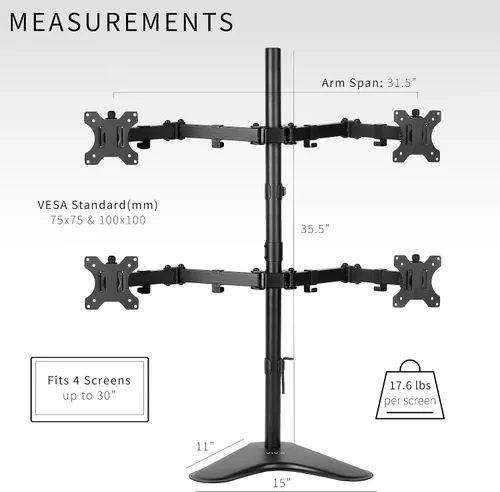 Miniatura 6 de VIVO Soporte para monitor cuádruple de 13 a 30 pulgadas, soporte de escritorio totalmente ajustable, capacidad para 4 pantallas planas o curvas