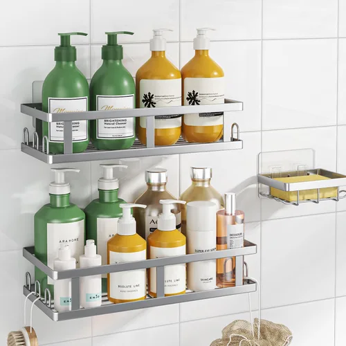 Miniatura 11 de Youvip Organizador de ducha adhesivo sin taladro, organizador de baño con soporte para jabón, estantes inoxidables de gran capacidad para ducha