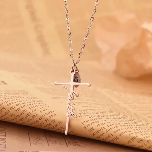 Miniatura 3 de SANNYRA Collar de cruz para mujer, collar de fe para mujer, joyería cristiana con inicial para mujer, chapado en oro de 18 quilates, oro rosa