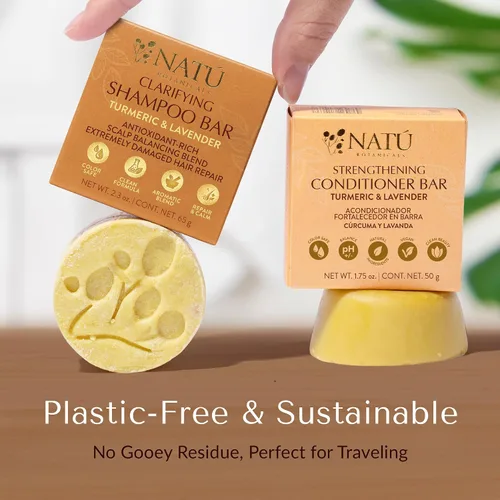 Miniatura 4 de NATÚ BOTANICALS Barra de champú clarificante, barra de champú sólida fortalecedora con cúrcuma, lavanda y manteca de cacao para fortalecer y reparar