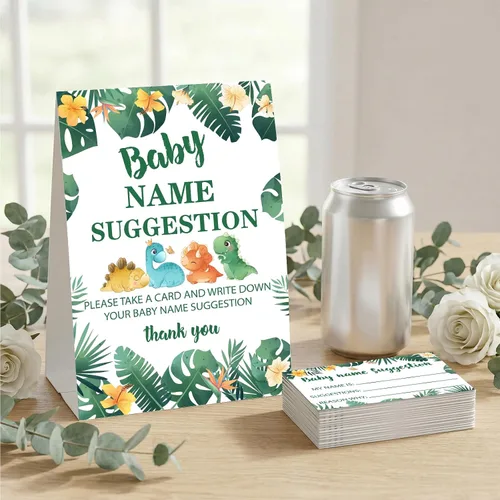 Miniatura 3 de DETIHO Tarjetas de juego de dinosaurio para baby shower, 1 letrero de sugerencia de nombre de bebé con 50 tarjetas de relleno, juego de fiesta