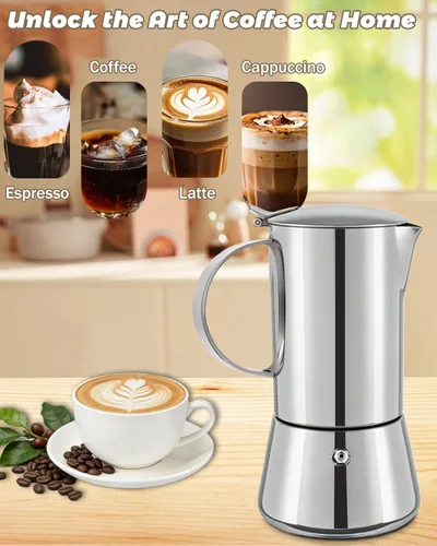 Miniatura 4 de Cafetera Express de acero inoxidable 304, 2 tazas de 3.3 oz/3.4 fl oz, cafetera italiana para el hogar, cocina y campamento, todas las estufas