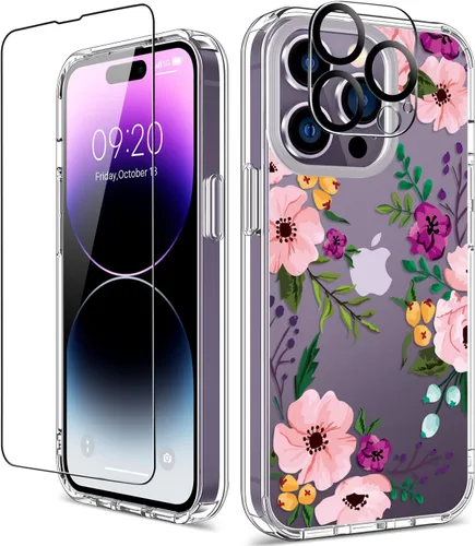 Miniatura 42 de Funda para iPhone 14 Pro con protector de pantalla, 6.1 pulgadas, transparente de cuerpo completo, a prueba de golpes, diseño floral, para niñas