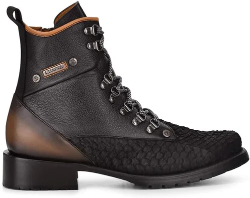 Cuadra Bota minera para hombre en piel auténtica pirarucu y piel bovina con cordones y cremallera
