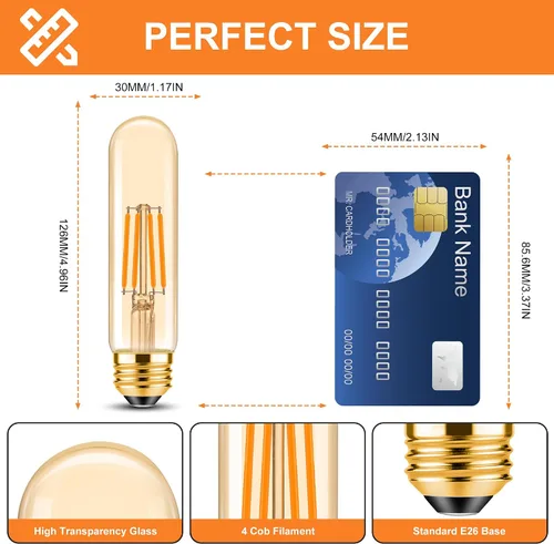 Miniatura 3 de ToBeGreat Bombilla LED T10 equivalente a 4 W, equivalente a 40 W, 2200 K ámbar blanco cálido, bombilla de filamento Edison tubular E26, luz de tubo