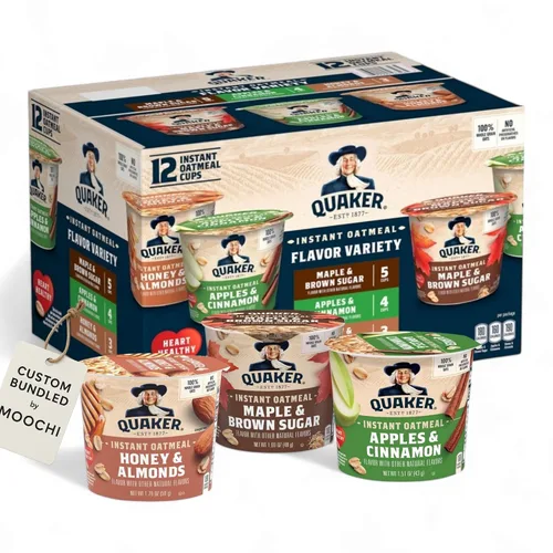 MOOCHI Surtido de tazas de avena instantánea Quakers, paquete variado – 12 unidades (arce y azúcar morena, manzanas y canela, miel y almendras) –