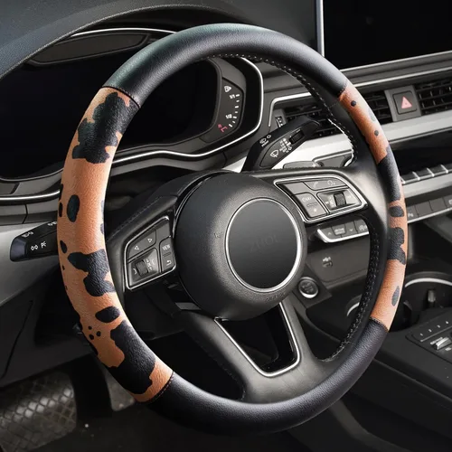Miniatura 15 de ZHOL Funda para volante con estampado de vaca, cubierta de volante de automóvil en forma de D, piel de microfibra de 14 1/2-15 pulgadas