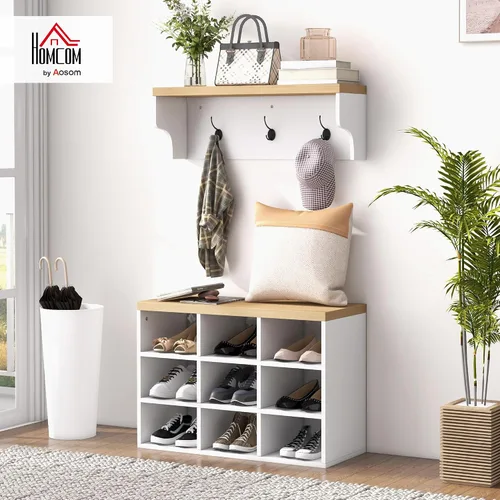 Miniatura 2 de HOMCOM Juego de banco de zapatos 2 en 1, árbol de pasillo de 5 ganchos con banco y almacenamiento de zapatos para 9 pares de zapatos para entrada