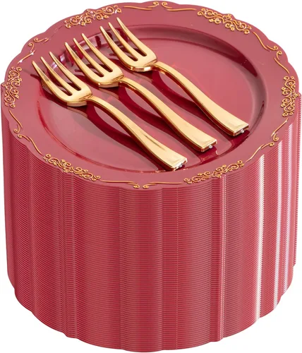 Miniatura 12 de LIYH - 200 platos de postre dorados, 100 platos de aperitivo de 7.5 pulgadas y 100 tenedores de plástico dorados de 5 pulgadas, platos para Oro