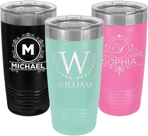 Vasos de café personalizados con monograma con inicial y nombre, 20 onzas, grabado con láser en acero inoxidable aislado al vacío, taza de viaje con