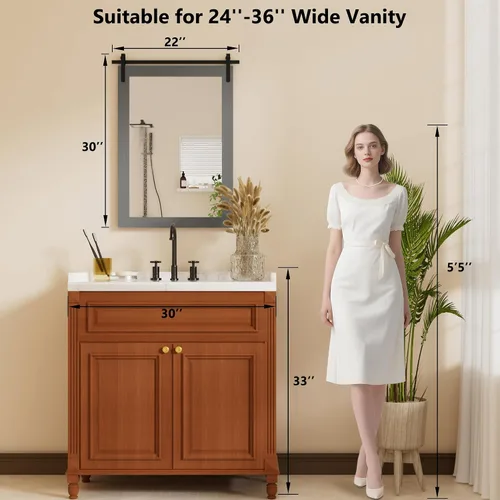 Miniatura 9 de Clavie Espejo de pared rústico con marco de madera horizontal, espejo de baño con marco de madera, espejo decorativo estilo puerta de granero, 22 x