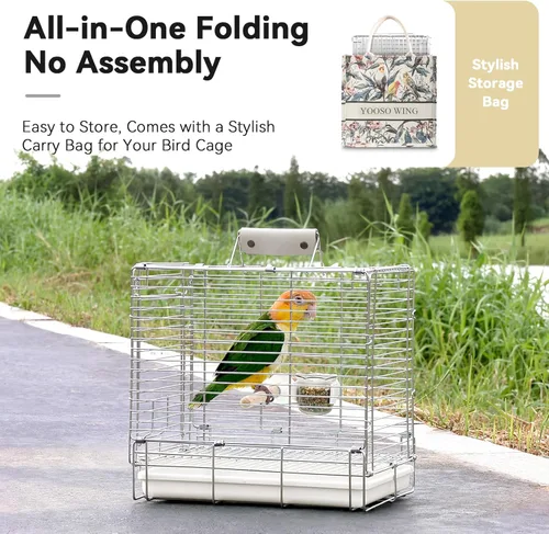 Miniatura 7 de Transportín Jaula de Viaje para Pájaros – Jaula de viaje plegable portátil de acero inoxidable 304 con recipientes de alimentación para loros
