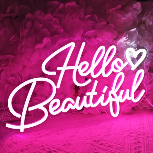 Miniatura 6 de SYLHOME Letrero de luz LED de neón con texto en inglés «Hello Beautiful» con diseño de corazón rosa Hello Gorgeous para dormitorio, boda, fiesta