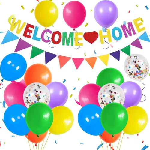 Miniatura 10 de Juego de globos y pancartas de bienvenida de color azul y plateado – Cartel con purpurina con globos de confeti, banderines de bandera