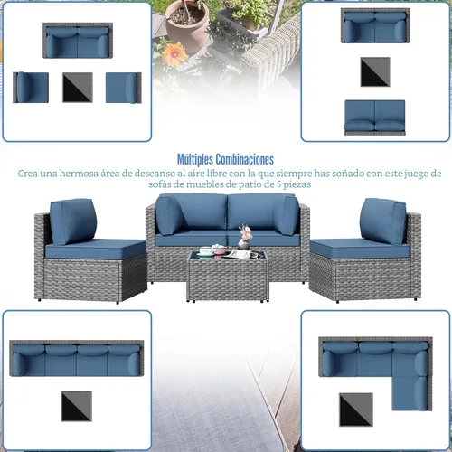Miniatura 7 de Shintenchi Juego de 5 muebles de patio al aire libre, sofá seccional de patio, muebles de mimbre de polietileno gris, juegos de conversación
