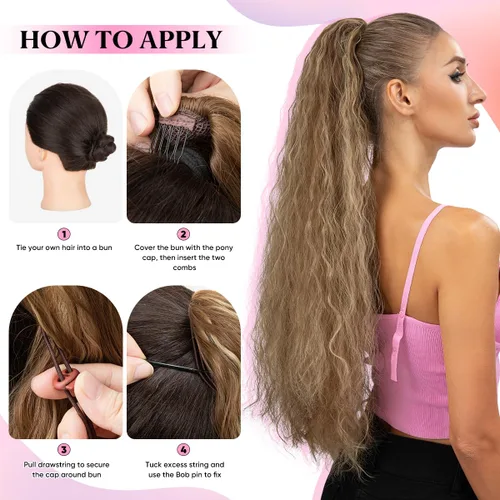 Miniatura 8 de Extensión de cola de caballo con cordón de 26 pulgadas de largo, esponjoso, ondulado, para mujeres negras, extensiones de cabello rizado para uso