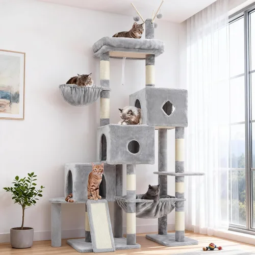 Miniatura 16 de Hey-brother Torre de árbol para gatos, postes rascadores con 3 condominios, canasta grande, cama acogedora, tabla de sisal, camino de escalada paso
