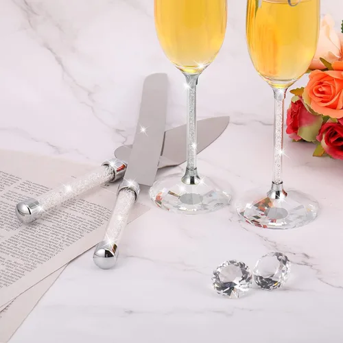 Miniatura 6 de Boao Juego de 4 cuchillos para tartas de boda y copas de champán para servir de señor y señora para tostar, juego de corte de pastel de cristal