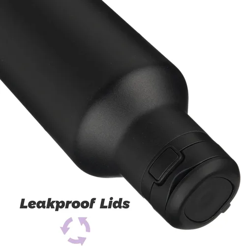 Miniatura 4 de Botella de agua aislada con popote, termo de agua de acero inoxidable de doble pared de 17 onzas con 2 tapas, color negro