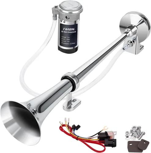 Miniatura 9 de FARBIN - Bocina de aire de 12 V/24 V, 150 dB, súper potente, bocina para automóvil, zinc cromado, bocina de aire de doble trompeta con compresor