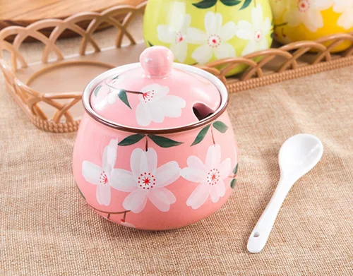 Miniatura 2 de Tarro de condimento de cerámica japonés pintado a mano con cuchara de tapa
