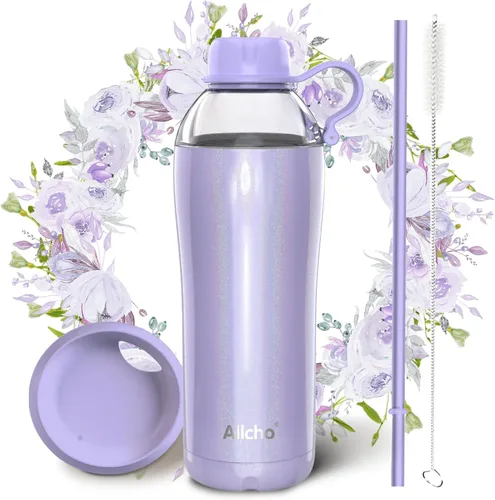 Miniatura 25 de Bow - Botella de agua aislada para mujeres, botellas de agua de acero inoxidable de 18 oz, de doble pared, 2 tapas (para beber y vaso) - Hidrata