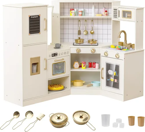 Miniatura 13 de Costzon Cocina de Esquina de Juguete con Luces, Sonidos, Gran Juego de Cocina de Pretensión con Pizarra, Microondas, Accesorios de Cocina, Juguete