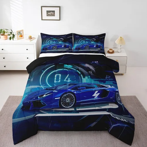 Miniatura 9 de Juego de edredón azul de coche deportivo para niños y hombres, juego de ropa de cama de auto de carreras de graffiti tamaño individual, edredón