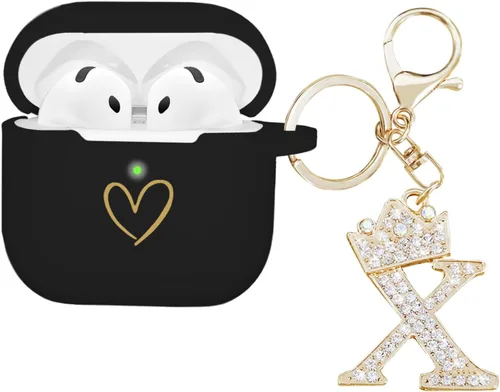 Miniatura 25 de Compatible con AirPods 4 Cover 2024, funda de silicona suave con patrón de corazón dorado para 4ª generación, llavero de letra A-Z con diamantes