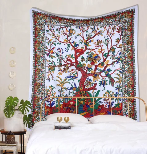 Miniatura 2 de The Art Box - Tapiz para colgar en la pared Árbol de la Vida Blanco – 85x90 Pulgadas, de algodón indio, gran diseño de planta inspirada