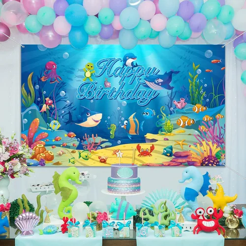 Miniatura 5 de Fondo de fiesta de cumpleaños bajo el mar, decoración de fiesta temática oceánica, fondo de fotos subacuáticas con delfín, tiburón, animales marinos