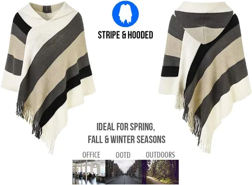 Miniatura 3 de Ferand - Suéter tipo poncho a rayas para mujer, estilo casual, chal con flecos versátiles