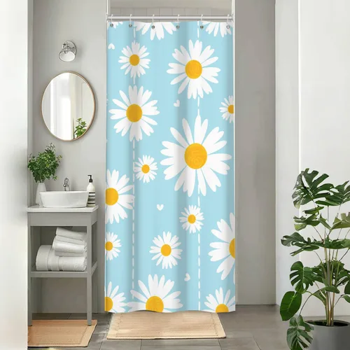 Leowefowa Cortina de ducha pequeña de 36 x 72 pulgadas, juego de cortina de ducha medio estrecho con margaritas florales azules, bonito color beige,
