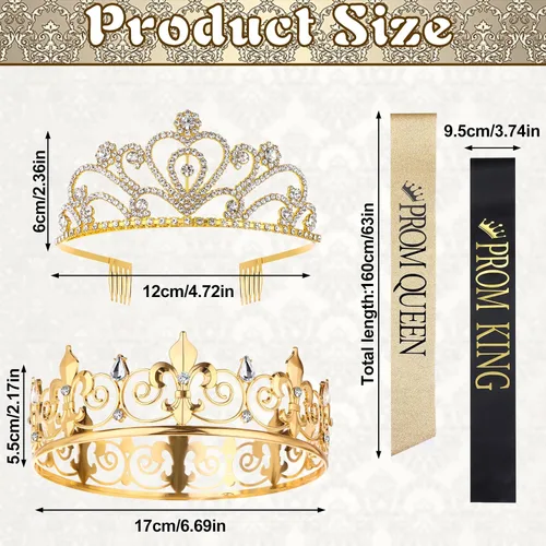 Miniatura 2 de Juego de 4 coronas de graduación King y Queen con fajas, coronas King para hombres, banda de satén brillante con diamantes de imitación, corona