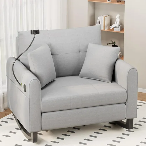 Miniatura 9 de HOMREST Mecedora Tapizada de Gran Tamaño, Mecedora para Guardería con Respaldo Alto y Bolsillo Lateral con Puerto USB, Sillón Oscilante Doble Ancho