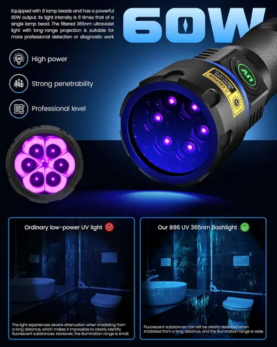 Miniatura 2 de DARKBEAM Linterna UV 365nm Luz Negra, 6xLED Recargable Potente Luz Negra 60W Lámpara Woods, Luces Ultravioleta para Roca, Rastreo de Sangre, Orina