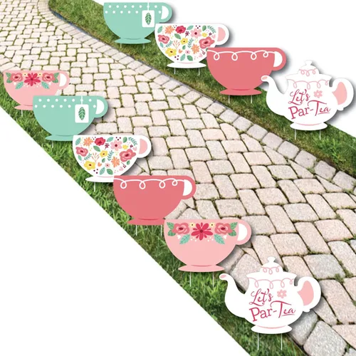 Big Dot of Happiness Floral Let's Par-Tea - Decoración de césped para tetera y taza de té, decoración de jardín al aire libre para fiesta de té y