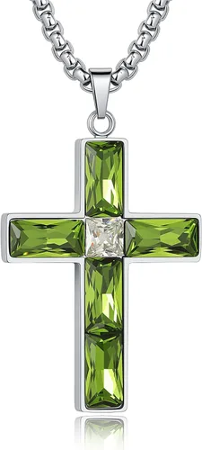 Miniatura 11 de Collar de cruz con piedra de nacimiento para hombre, collar de cruz de acero inoxidable 316L con colgante de cruz de circonia cúbica para mujer
