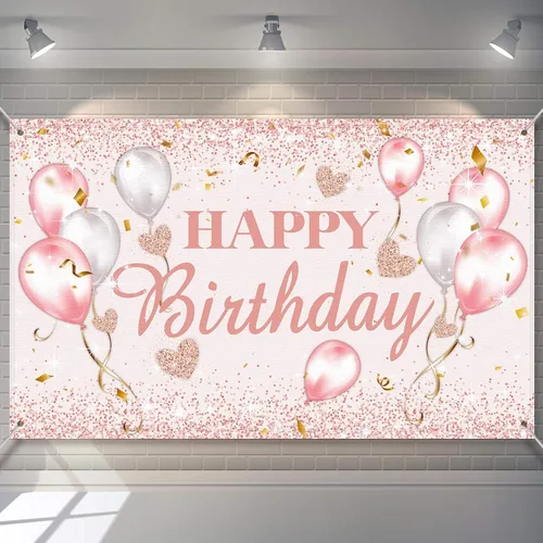 Tatuo Decoración de fiesta de cumpleaños rosa y oro rosa, suministros de decoración de fiesta de cumpleaños para mujeres, pancarta con purpurina