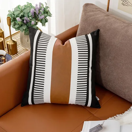 Miniatura 7 de Funda de almohada bohemia de color blanco y negro con piel, funda de cojín moderna de 22 x 22 pulgadas, funda de almohada de rayas estilo campestre