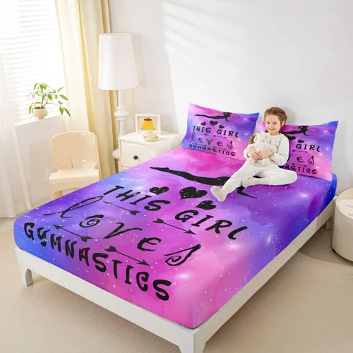Miniatura 16 de Sábana bajera ajustable de ballet para niñas, juego de ropa de cama de ballet para danza de ballet, sábanas de cama con rayas geométricas onduladas