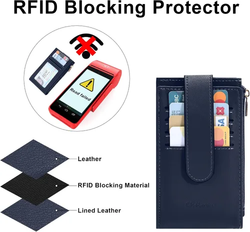 Miniatura 3 de Chelmon Billetera de mujer delgada con bloqueo RFID plegable multitarjetas con bolsillo con cremallera, Azul marino, Talla única, Minimalista