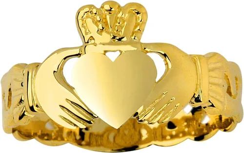 Miniatura 5 de Anillo de amistad, compromiso o boda de Claddagh de oro amarillo de 10 quilates con banda de nudo Trinity, talla 5-12, Metal