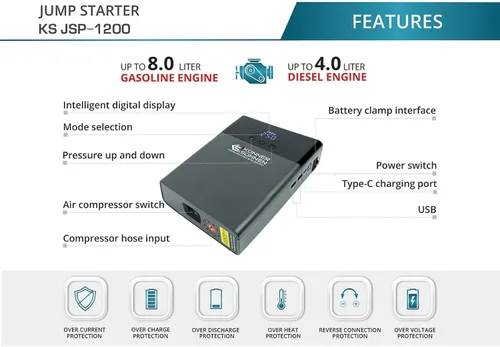 Miniatura 3 de Jump Starter KS JS-1200, amplificador de batería de coche de pico de 1200 A con compresor de aire, 14000 mAh para motores de gasolina de hasta 8 L