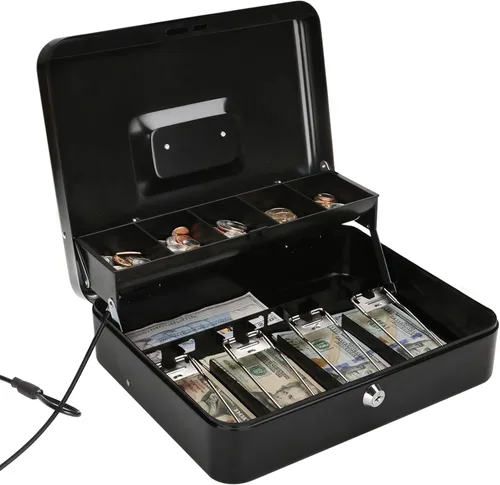 Jssmst - Caja grande de seguridad para dinero con bandeja; caja con cerradura para dinero con cable de seguridad y cerradura de llave, de metal,