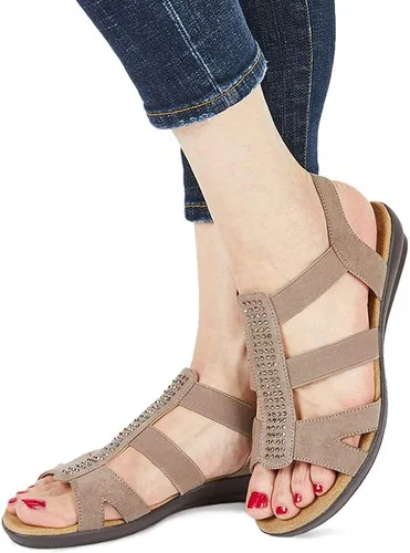 Miniatura 6 de VJH confort - Sandalias planas para mujer con diamantes de imitación, puntera abierta, elásticas, sin cordones, cómodas, informales, para caminar