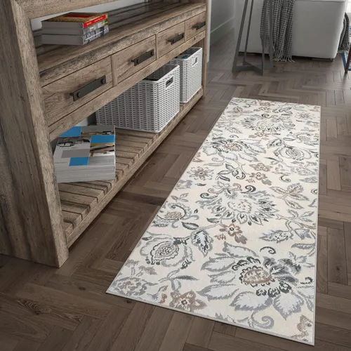 Stella - Alfombra de pasillo de 2 x 8 pies, color crema, alfombra para pasillo, entrada interior, cocina o vestíbulo, alfombra floral - Alfombras