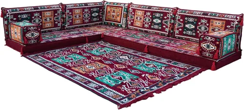 arabicsofa Sofá de piso árabe granate en forma de L - Juego de asientos modulares de esquina para habitación de invitados