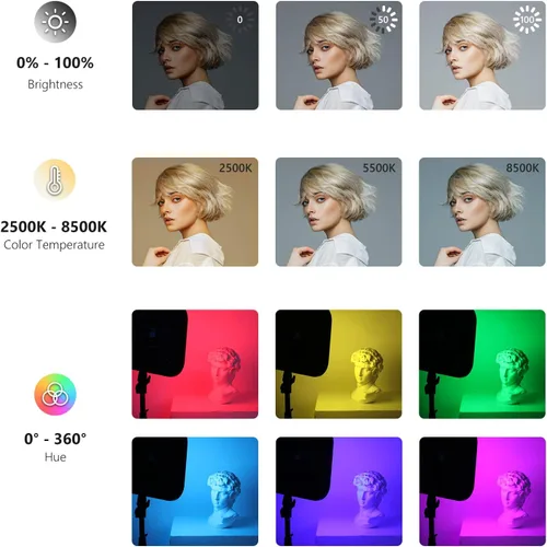 Miniatura 6 de NEEWER RGB168 Panel de Luz LED RGB de Video de 18.3" con Control de Aplicación, Kit de Soporte de Trípode de 2 Paquetes, 60W/360°